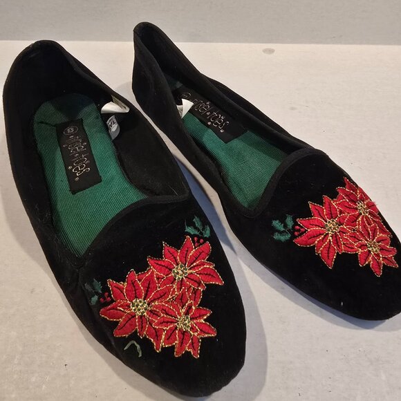 Women's Flat Shoes Black Velvet Embroidered Poinsettia Design Tinsel Toes Size 8 - Picture 2 of 13